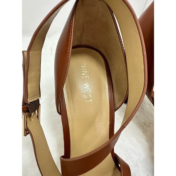 NINE WEST - FREYA, Dark natural GENUINE leather 4.75" platform sandals, SZ 10M - Picture 9 of 12